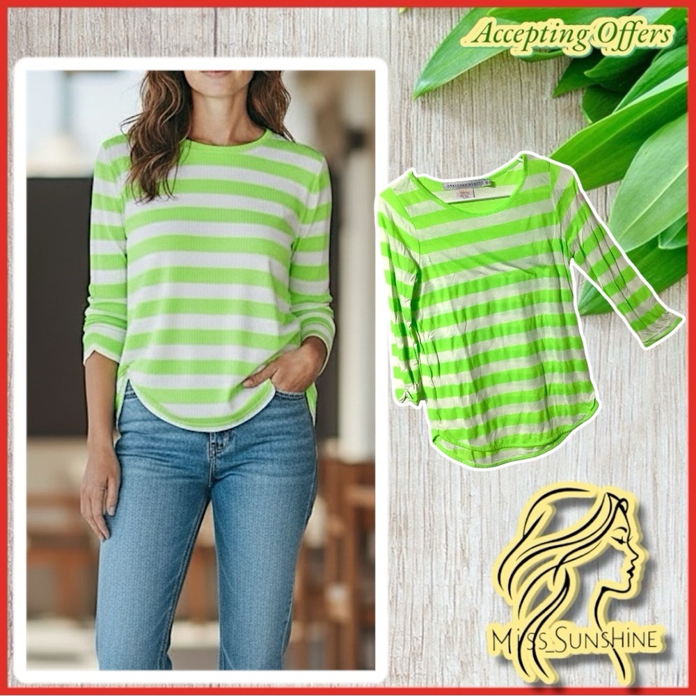 Gretchen Scott - Sz XS - lightweight neon green striped 3/4 arm shirt
